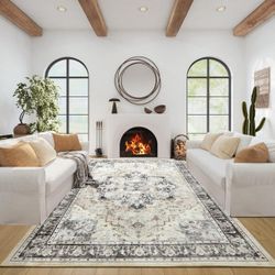 5x7 Washable Nonslip Low Pile Vintage Area Rug, Ivory/Charcoal/Taupe, NEW. $45 ea or 2/$75