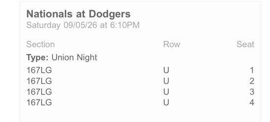 Dodger tickets (4) September 5 2026
