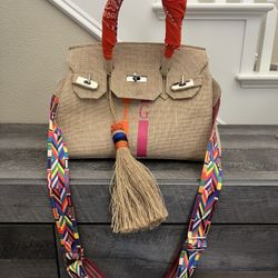 Stylish Tan Satchel With Colorful Strap 