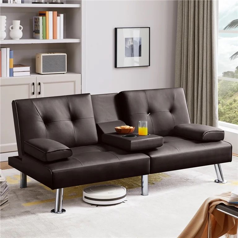 Modern Faux Leather Convertible Futon Sofa Bed with Cup Holders, Espresso