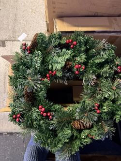 National Tree Company 24 in Pre-Lit Crestwood Spruce Artificial Christmas Wreath, Christmas Decoration with Glitter, Pinecones, Red Berries, 50 Clear 