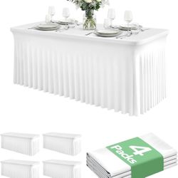 4 Pack Spandex Table Cover Skirts for 6ft Rectangle Tables, White Stretch Table Cloths with Floor-Length Ruffle, Elastic Fitted Skirted Tablecloth for