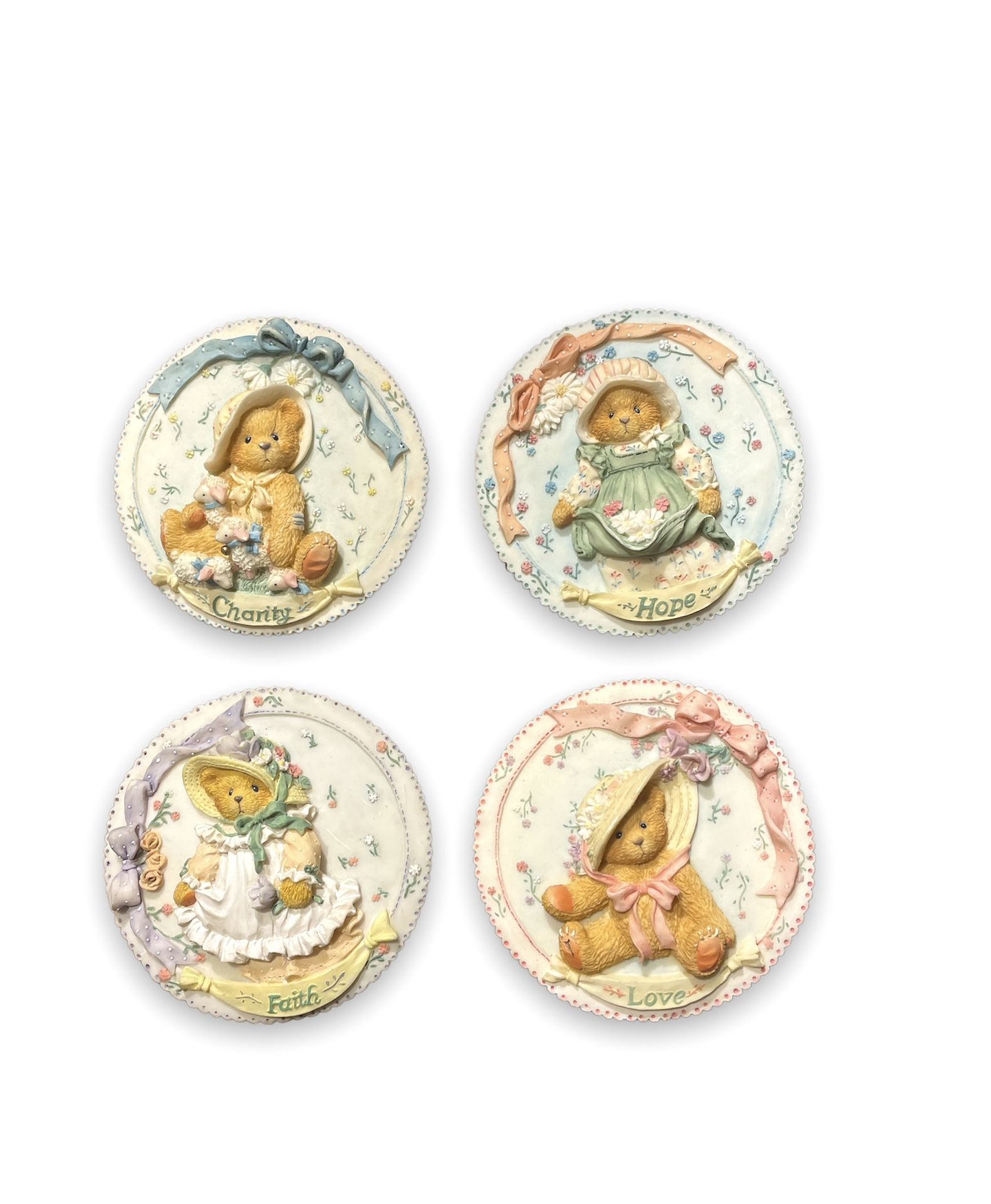 1994 Cherished Teddies Faith Love Hope & Charity Set Of 4 Round Wall Plaques