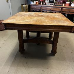 Large Carved Oak Antique Vintage Square Wooden Table 