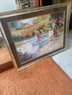 Framed Watercolor Print, Titled "Walking at Water's Edge" by Deanne Lemley