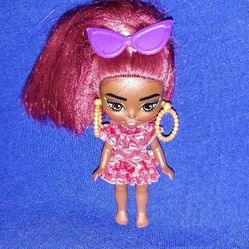 Black Barbie Extra Mini Minis Doll with Burgundy Hair, Red Ruffle Dress, Sunglasses