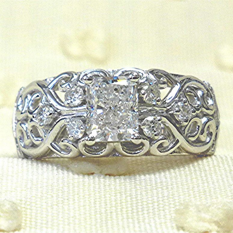 "Dainty Radiant Cut Hollow Carved Silver Trendy Vintage Eternity Ring for Women, K997
 
 