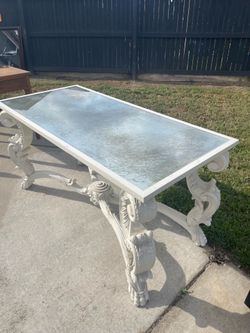 Carved Wood Console with Aged Mirror Top