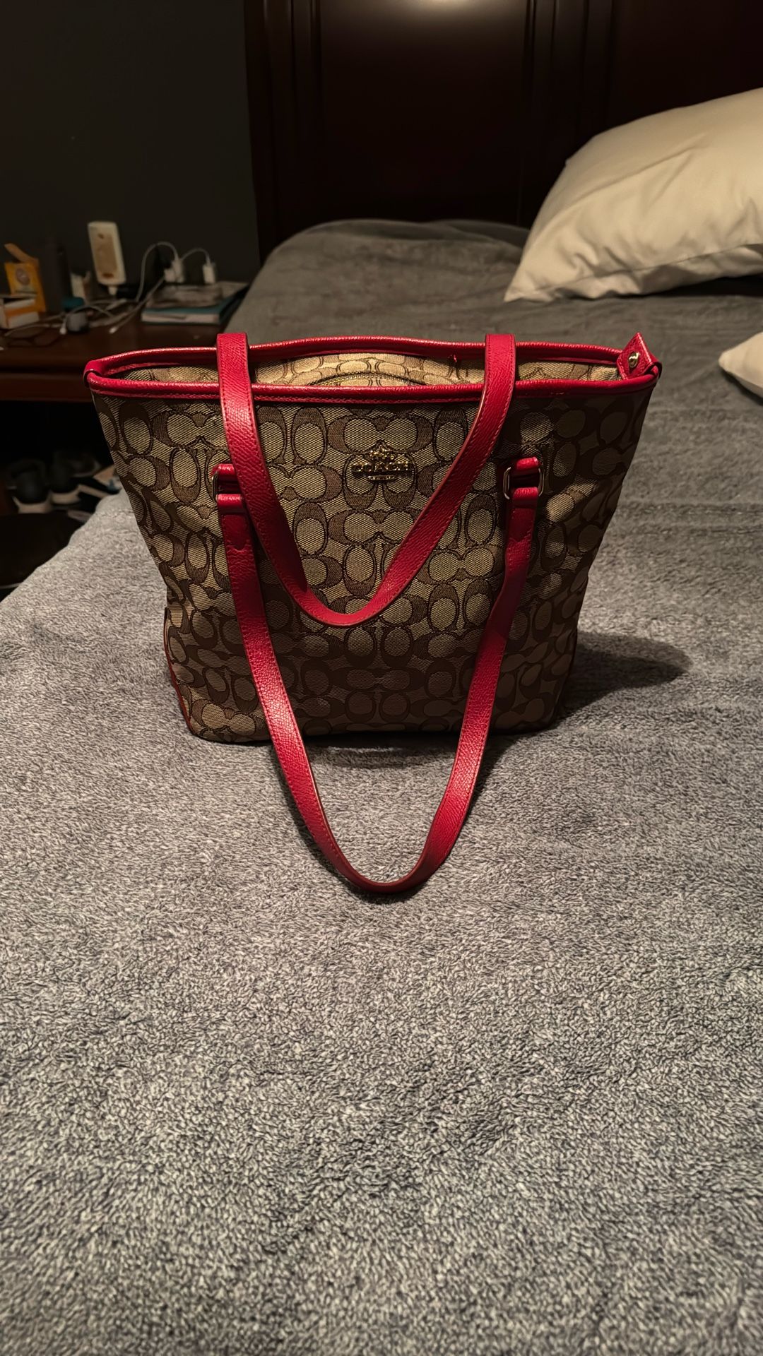 Coach Bag Tan Canvas Red Leather good condition inside