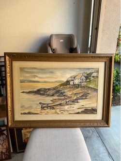 Large Original Watercolor Painting by Nell Christian - Coastal Fishing Scene - Framed & Matted