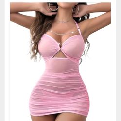 Mixxmix Sexy Lingerie for Women Mesh Babydoll Halter Sleepwear Nightgown Teddy Dress Pink