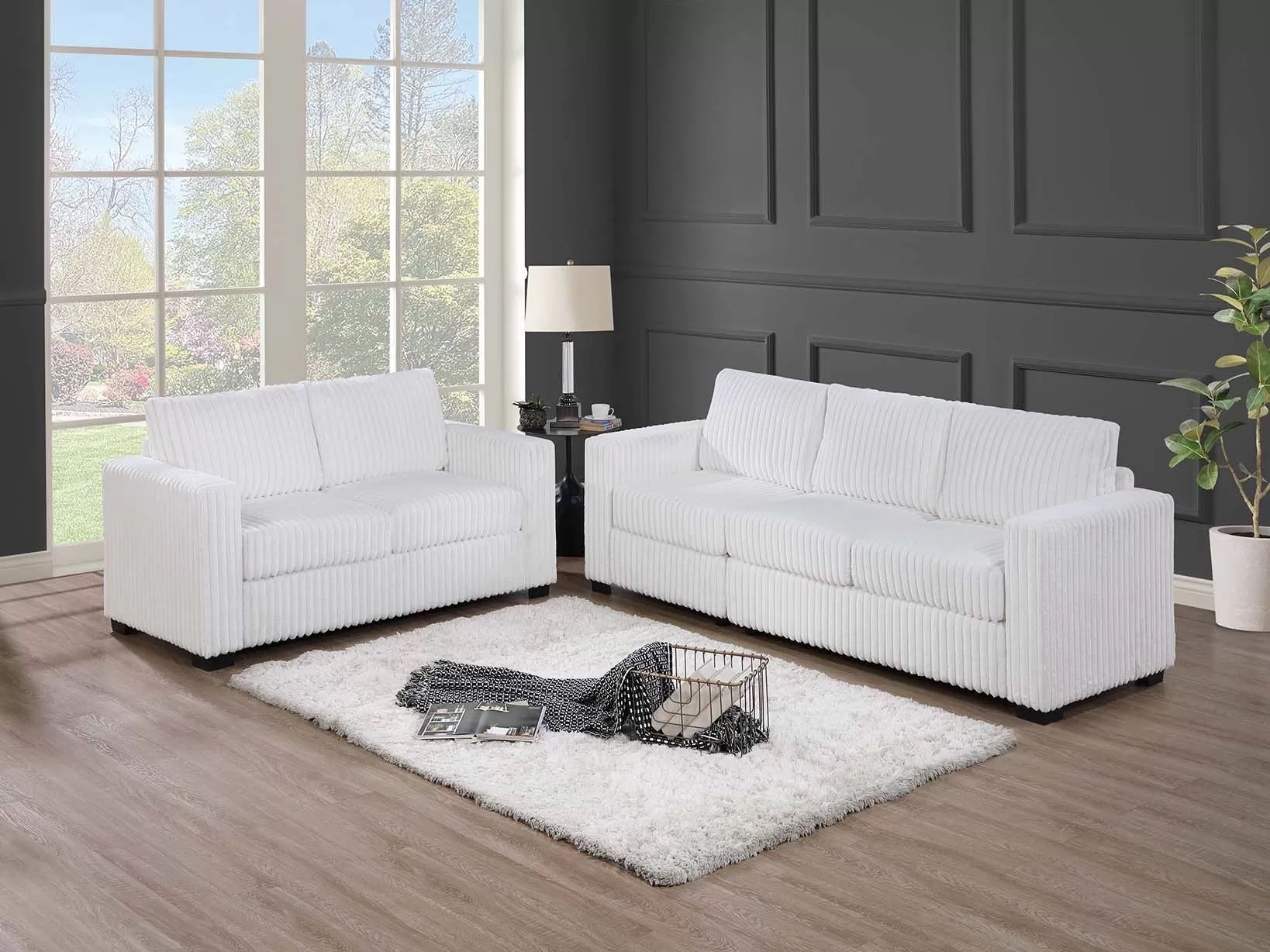 2 Piece White Corduroy Sofá And Loveseat