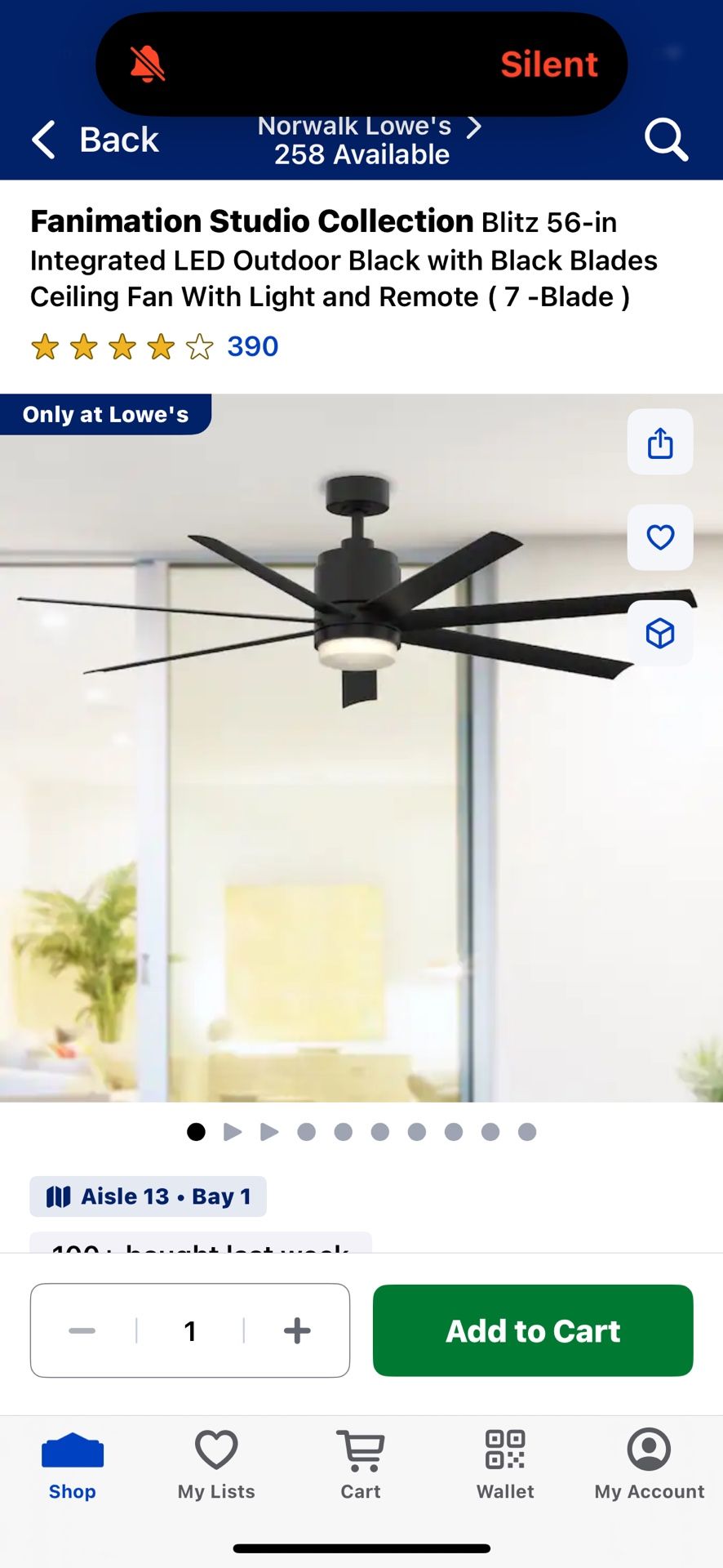 Fanimation Studio Collection Blitz 56in integrated LED Outdoor Black with Black Blades Ceiling Fan
