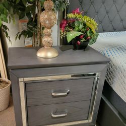 Grey Glam Nightstand Beveled Mirror Accent