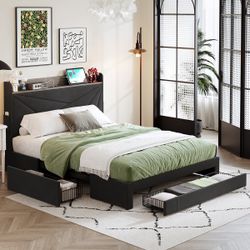 Bed Frame with Headboard, Farmhouses Platform Bed Frame with 3 Storage Drawers