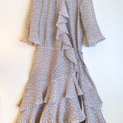 #Donna Karan floral 100% silk ruffle wrap Midi dress#New Without Tags 