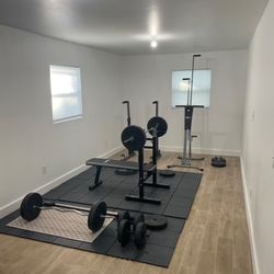 Complete Home Gym Set – Bench, Squat Rack, Barbell, Weights, Cable Tower + Mats 