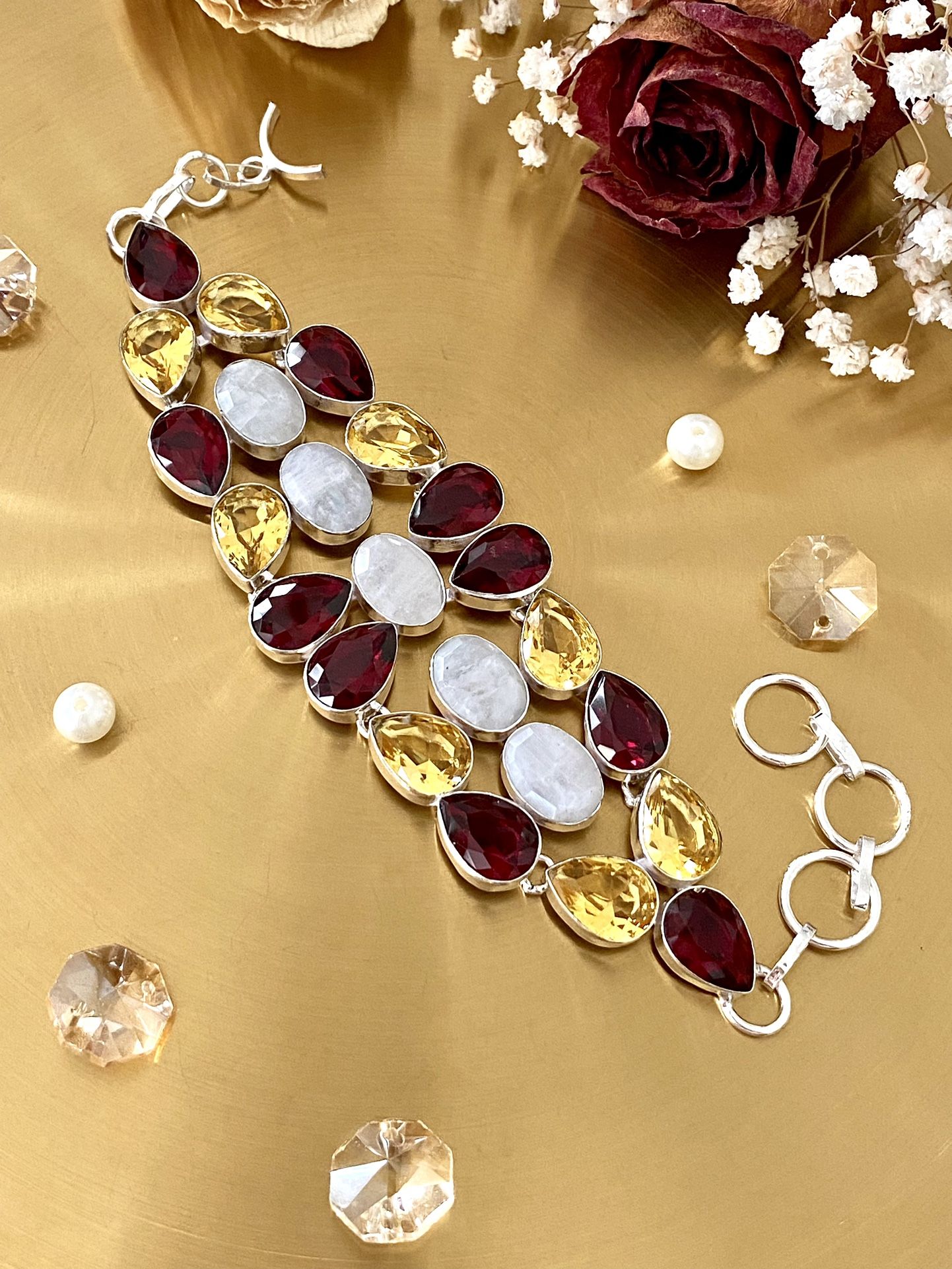 Garnet, Rainbow Moonstone And Citrine 925 Sterling Silver Overlay Cluster Beacelet