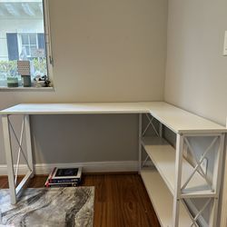 smaller corner desk with shelves