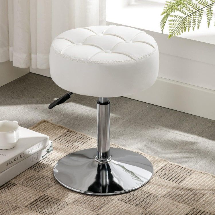 Adjustable Vanity Stool, 360°Swivel Vanity Chair Stool for Makeup Room, White Stool Chair for Vanity, Small Faux Leather Vanity Stool for Bat