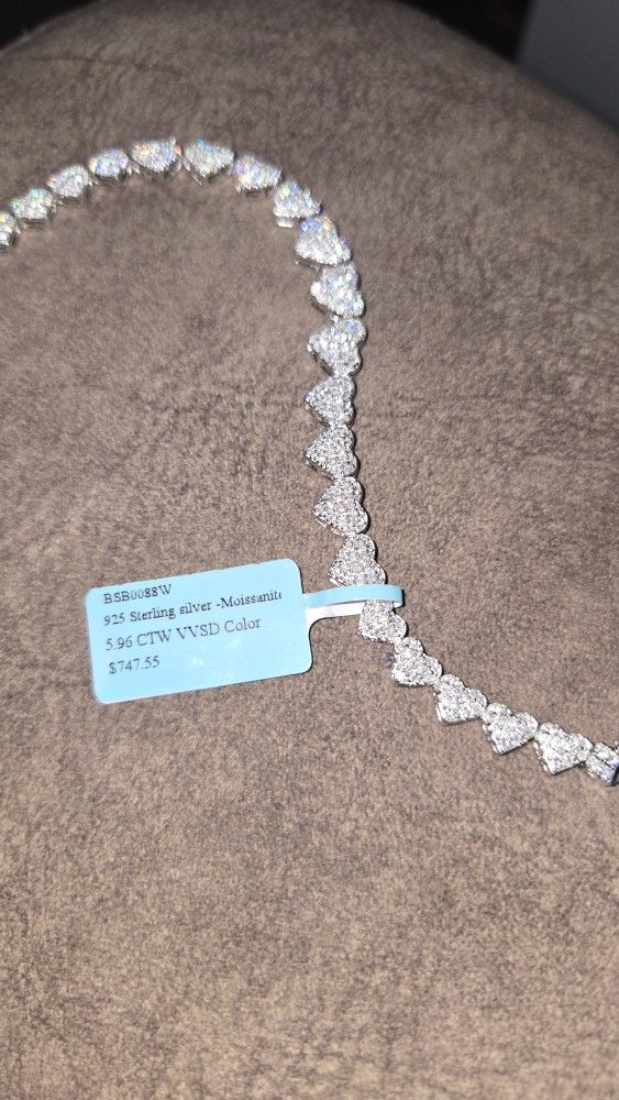 925 sterling silver 7inch moissanite 6ctw heart bracelet passes diamond tester