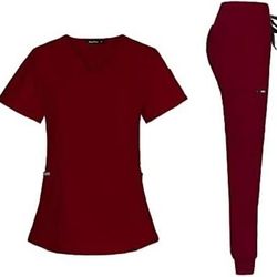 niaahinn Scrub Suit Set for Women Modern V-neck Top & Tapered Leg Jogger Pants with Drawstring Medical Nursing Uniforms Set (Burgundy, M) 