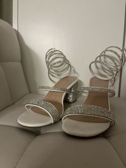 Women’s White Rhinestone Block Heels – Ankle Wrap Sandals | Size 7.5