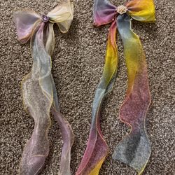 2 Rainbow Sheer Hair Bows – Elegant Long Ribbon Style
