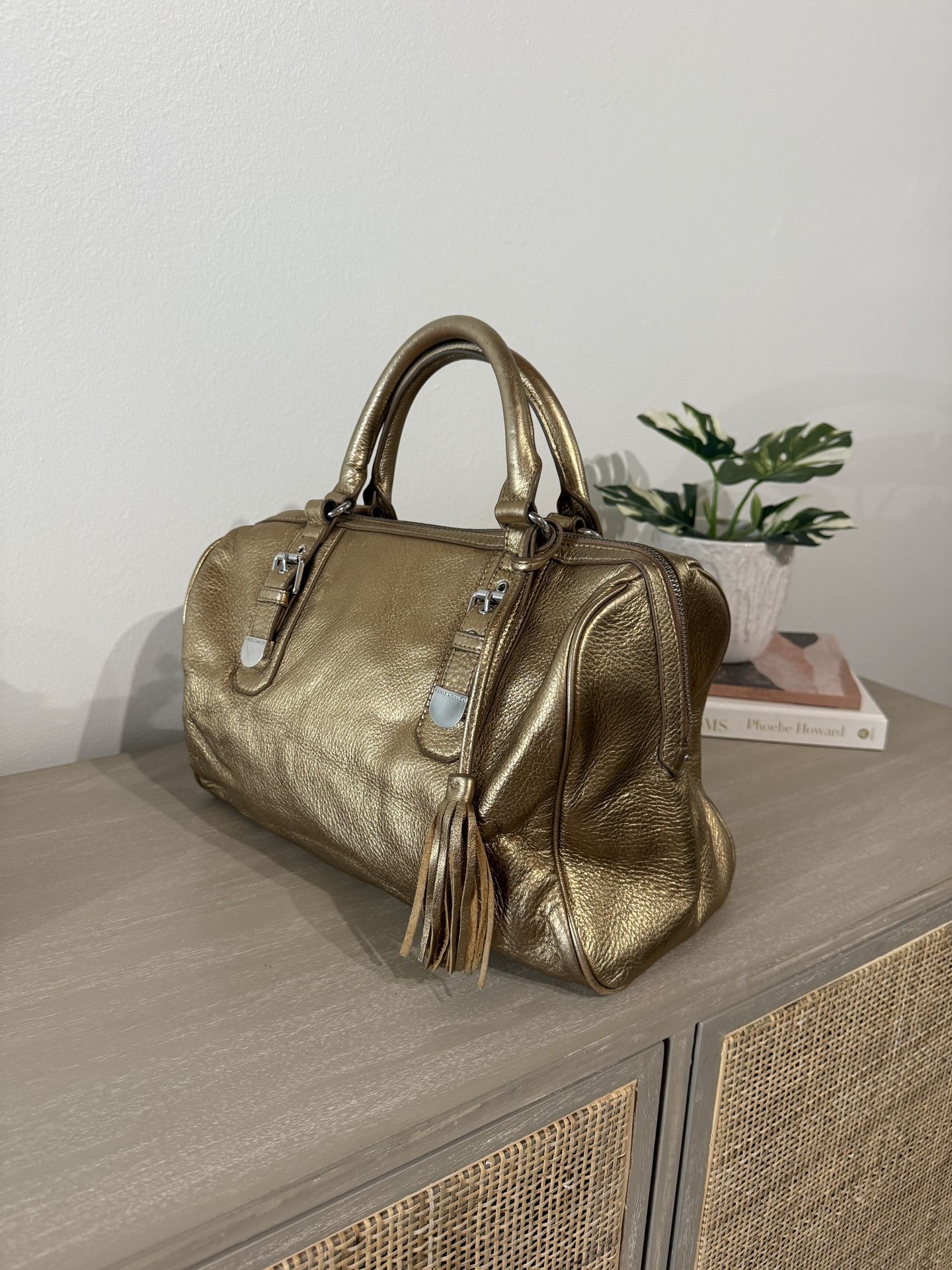 Vince Camuto Gold Bronze Leather Shoulder Purse with Silver Buckles & Tassel Accent (Pacific Beach)