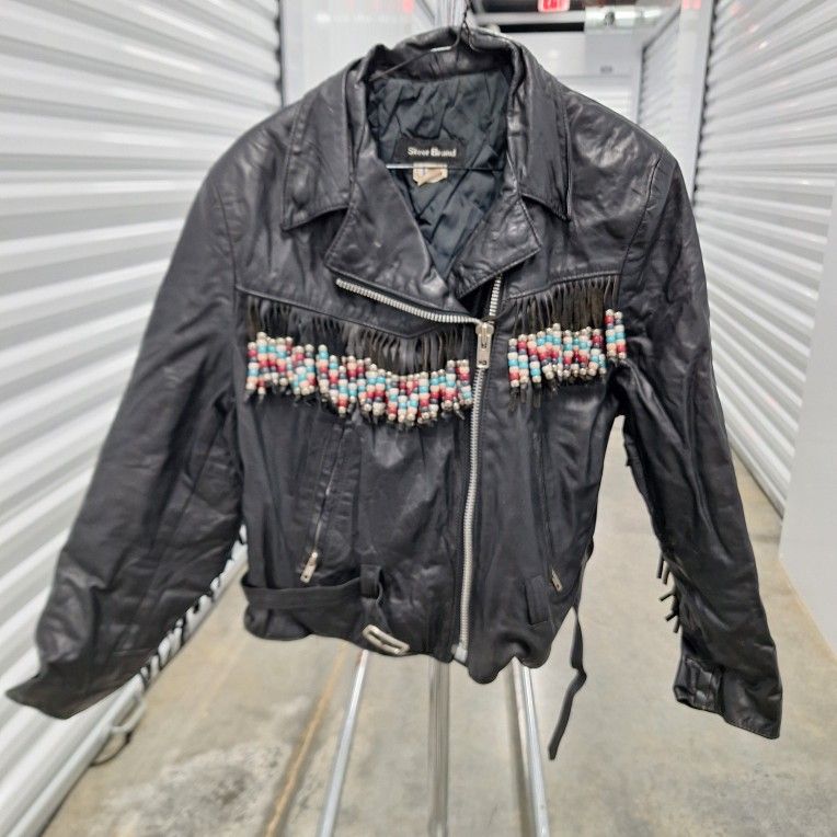 Steer Brand Leather Fringe Beaded Motorcycle Jacket
