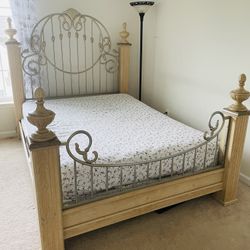 Queen Size Beige Bed Frame with Nightstand and Dresser with Mirror