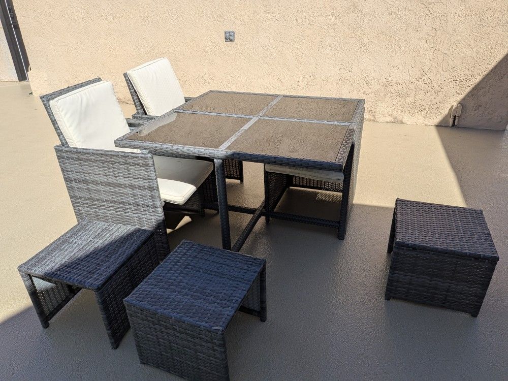 Patio Set Chair Table Dining Outdoor Exterior Cushion Gray Glass Foldable