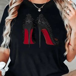 Chic Black Graphic Tee with Studded Heels Design