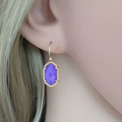small Gold Purple Lavender hexagon oval faceted Dangle earrings
