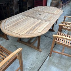 Oval Expanding Teak Table with Matching Teak Bench and 4 Teak Chairs  Located in concord  Recently cleaned, sanded and teak oiled Teak wood is heavy a