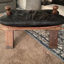 Leather And Solid Wood Footstool 