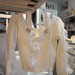 Kawaii Cold Shoulder Lace Trim Bow Decor Cable Knit Sweater (size Medium)