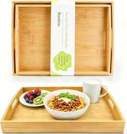 amboo Serving Tray with Handles - 3 Pack Wooden Food Tray for Breakfast in Bed, Eating, Decor and Storing - Decorative Trays Platter Use for Kitchen, 