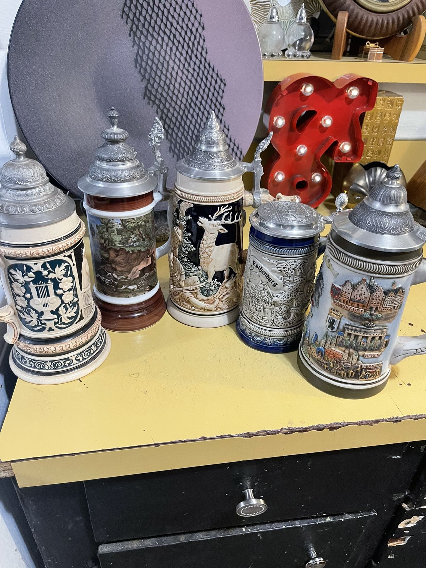 5 Rare Antique German Beer Steins, The Price Of A Lifetime!  300$ OBO Takes Then All!