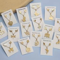 Women's Fashion Mixed Butterfly Love Flower Stainless Steel Earrings and Necklace Set, Non-fading and Durable, Suitable for Parti