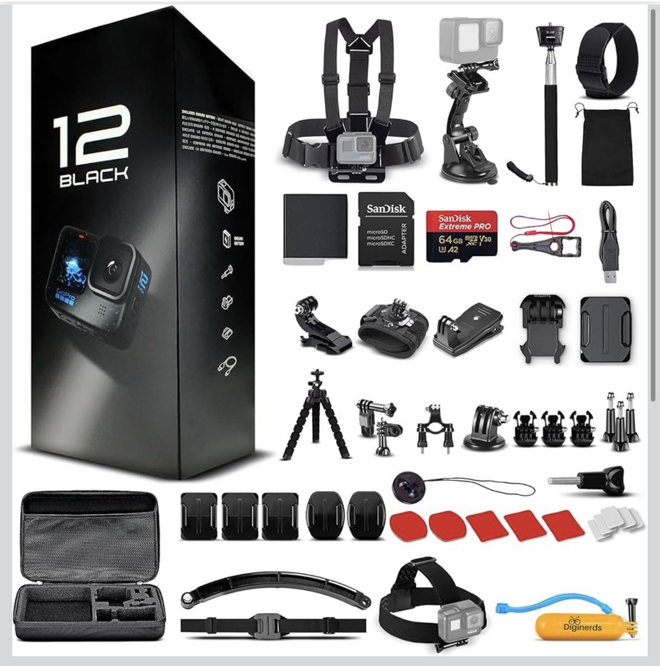 GoPro HERO12 Black - 50 Piece Accessory Kit, 128 GB Card, And Max Lens 2.0
