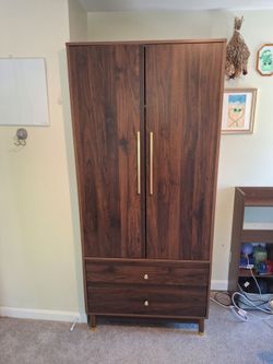 Dark Wood Wardrobe/Armoire with Gold Accents