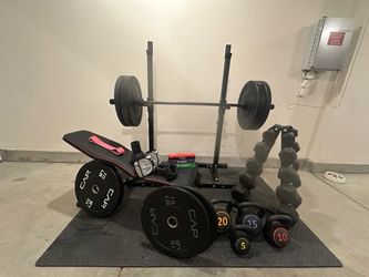 🏋️ FULL HOME GYM SETUP — $450 | 190LB BUMPER PLATES + 150LB DUMBBELLS + BENCH