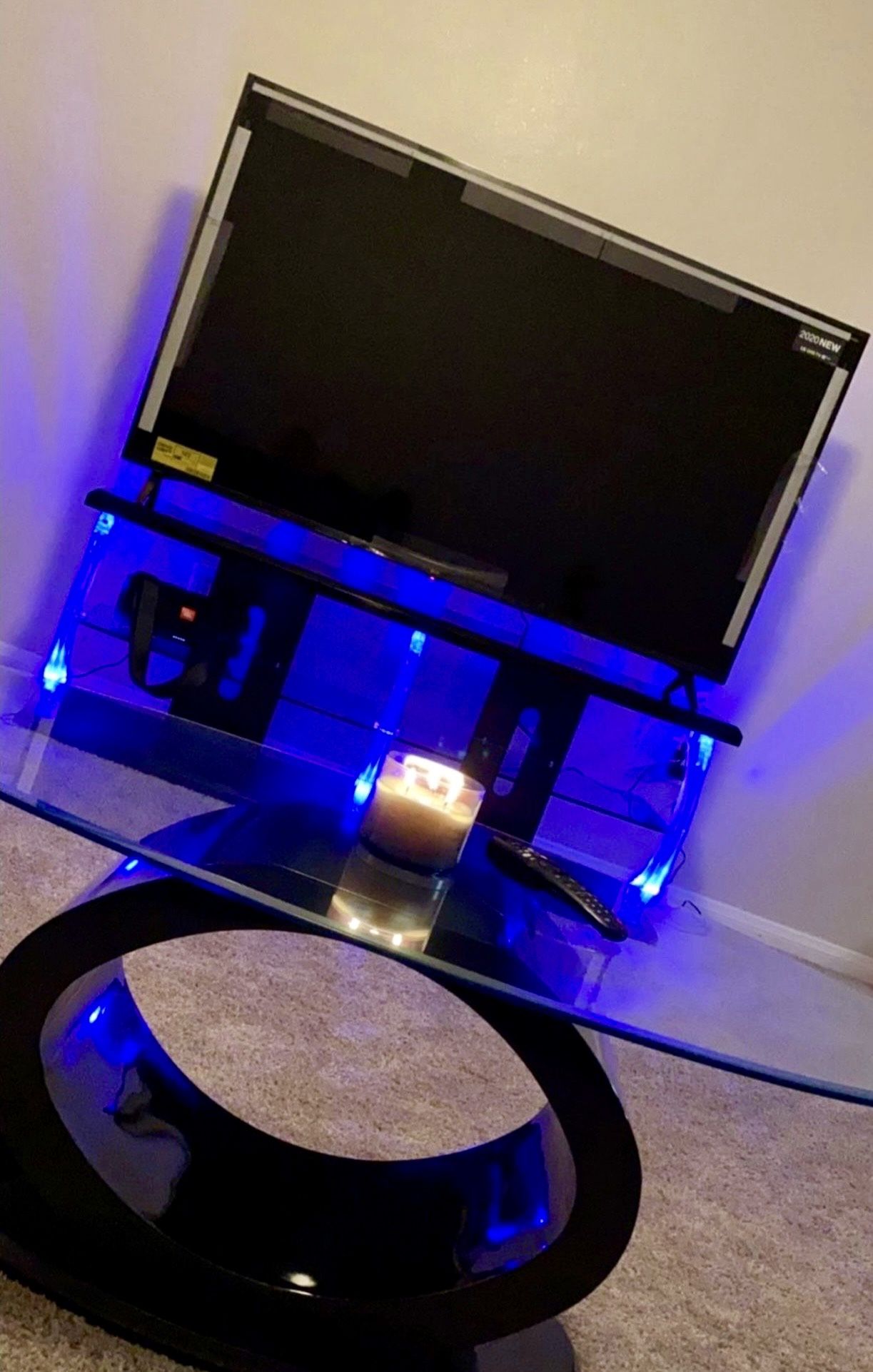BLUE LED TV STAND W/ GLASS SHELF, BLACK