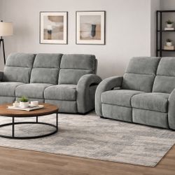  🔥🔥NO DEPOSIT, FREE DELIVERY Plush  Grey  Power Recliner Couch And Loveseat Set