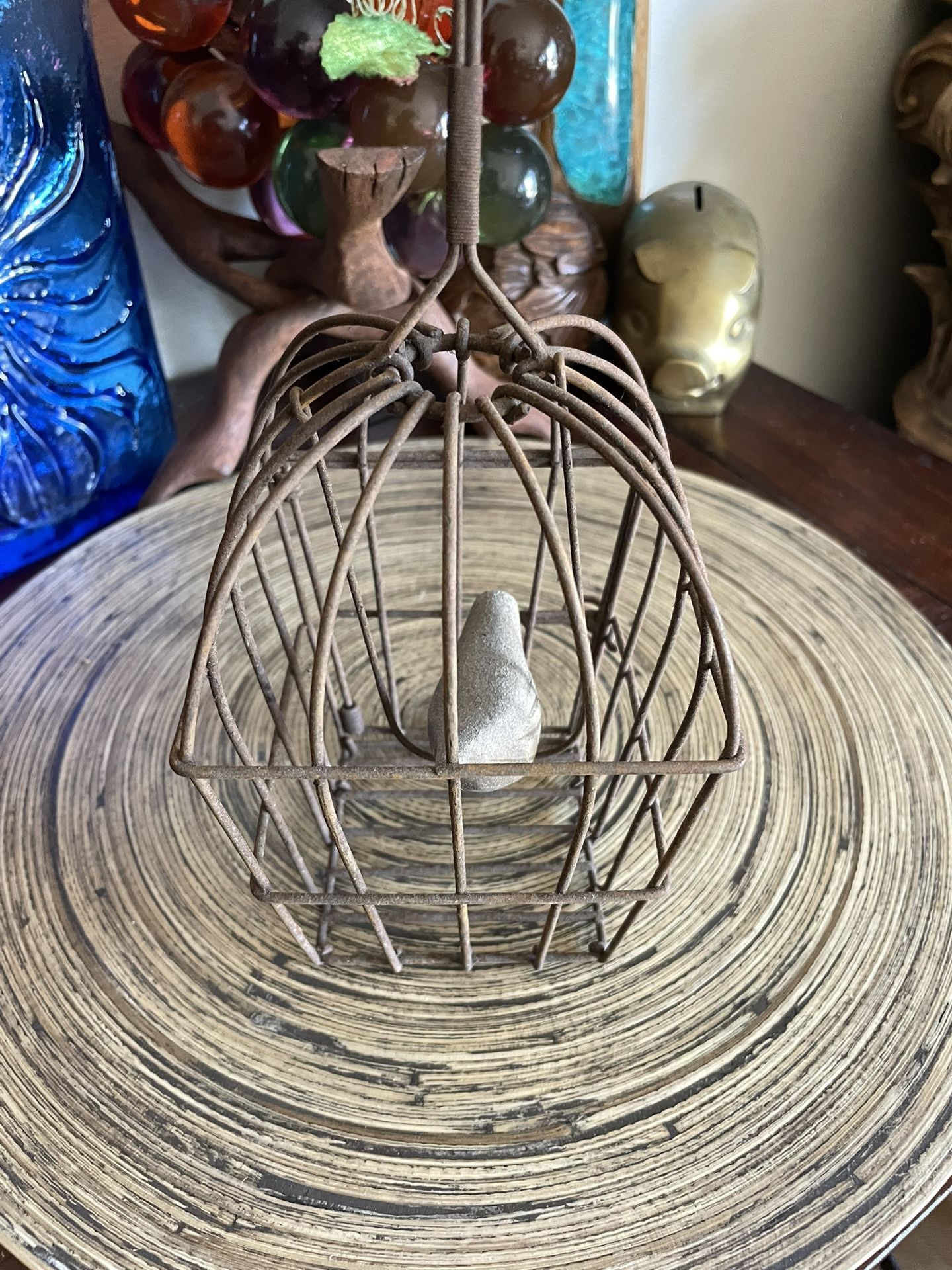 Decorative Wooden Bird 🐦 in a Hanging Metal Cage