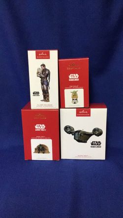 Brand new Hallmark Ornaments Star Wars Mandalorian Razor Crest, Boba Fett, Grogu