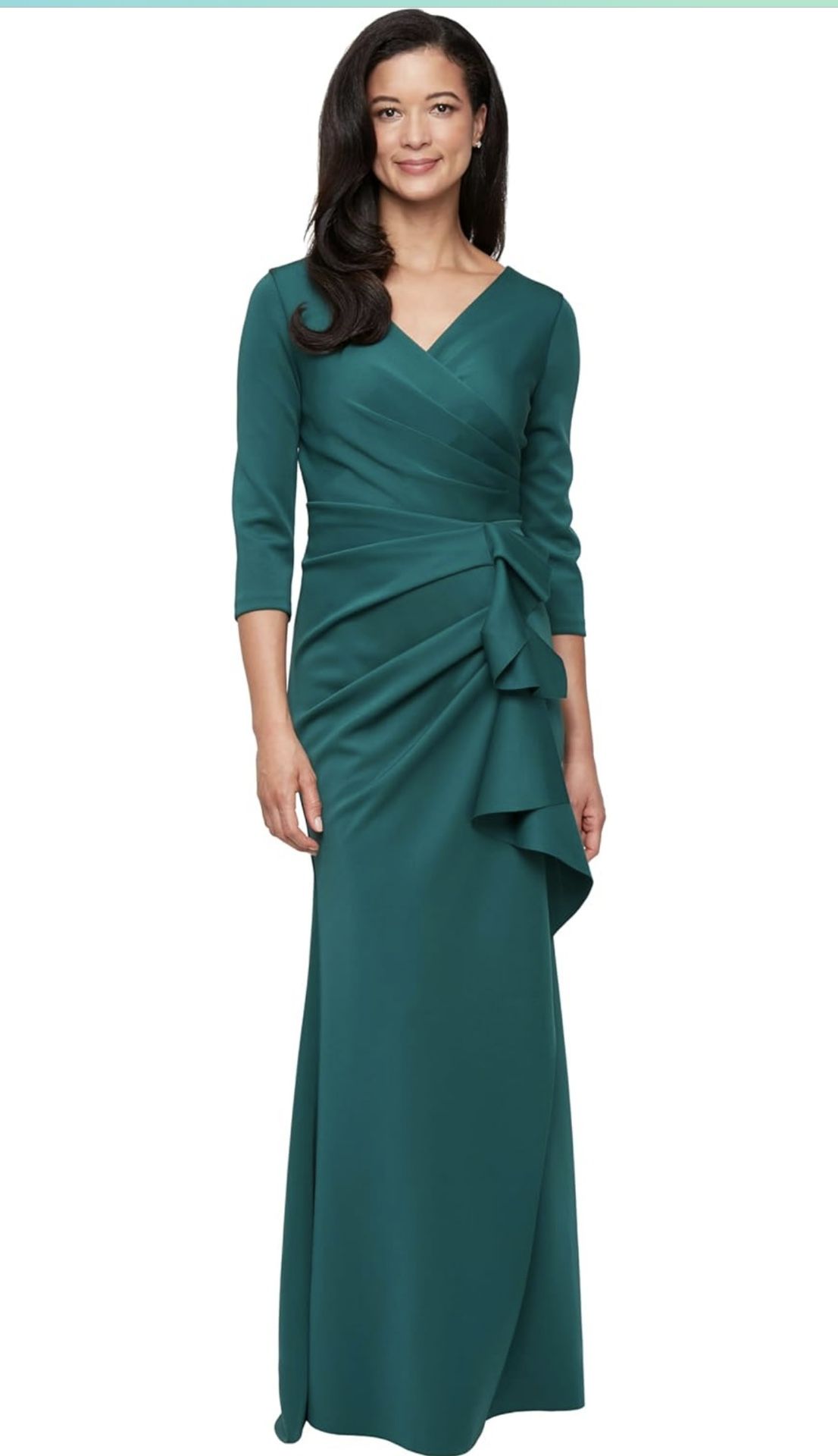 Alex Evenings Women's Long Surplice Dress Color: Pine Crepe Size: 12 Fabric type 95% Polyester, 5% Spandex Care instructions Hand Wash Only Origin I