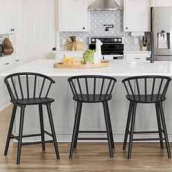 Wood Bar Stools with Semicircular Backrest, Black Farmhouse Barstools Set of 3, Modern Counter Height Bar Stools for Kitchen Island, 24 Inch