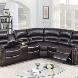 Brand New Brown Leather Power Reclining Sectional Sofa Built in USB Port + Console + Cup Holder